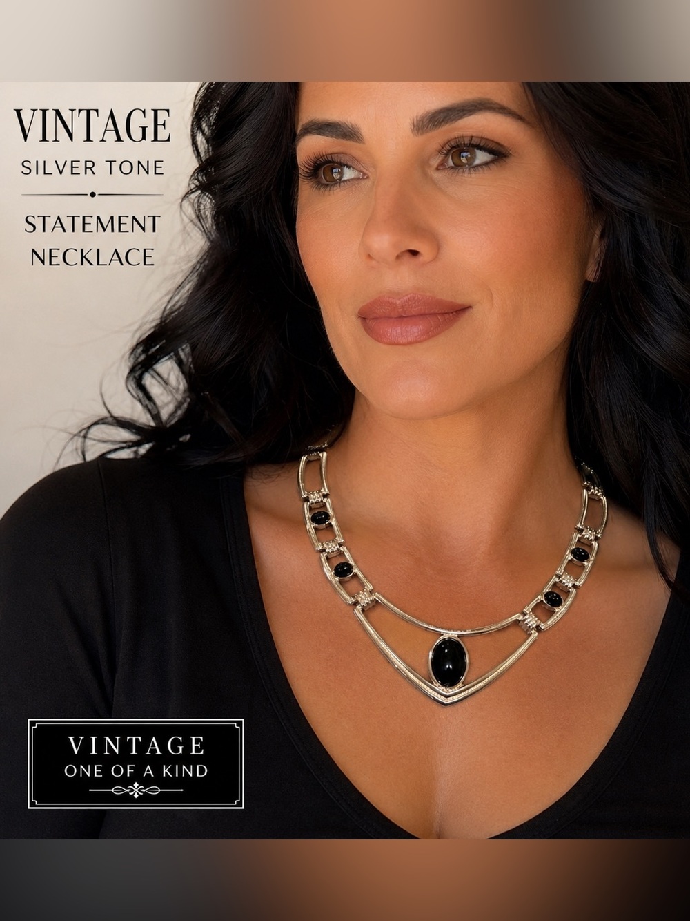 Vintage Silver Tone Black Cabochon Statement Collar Necklace Art Deco Style